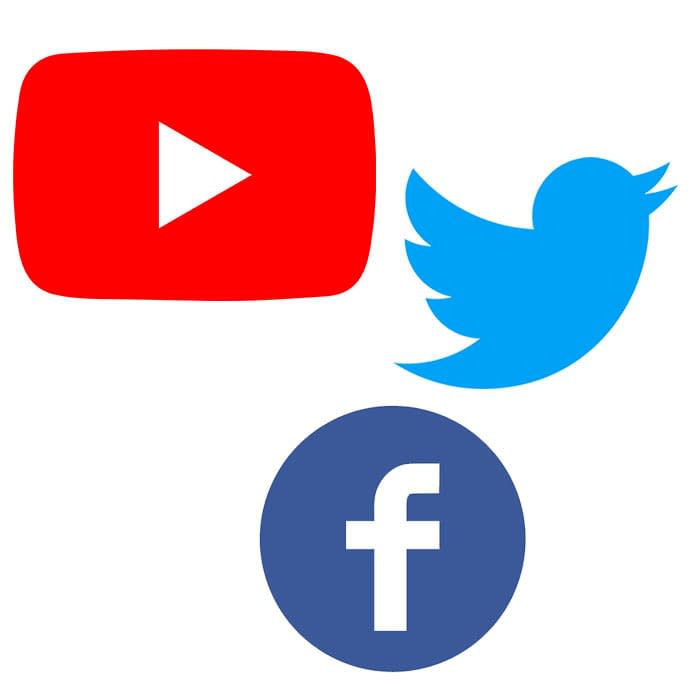 logos of YouTube, Twitter, and Facebook on white background